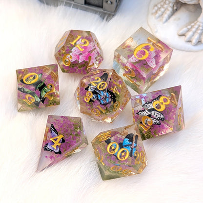 Butterfly Fields Dice Set, Botanical Sharp Edge Resin DnD Dice