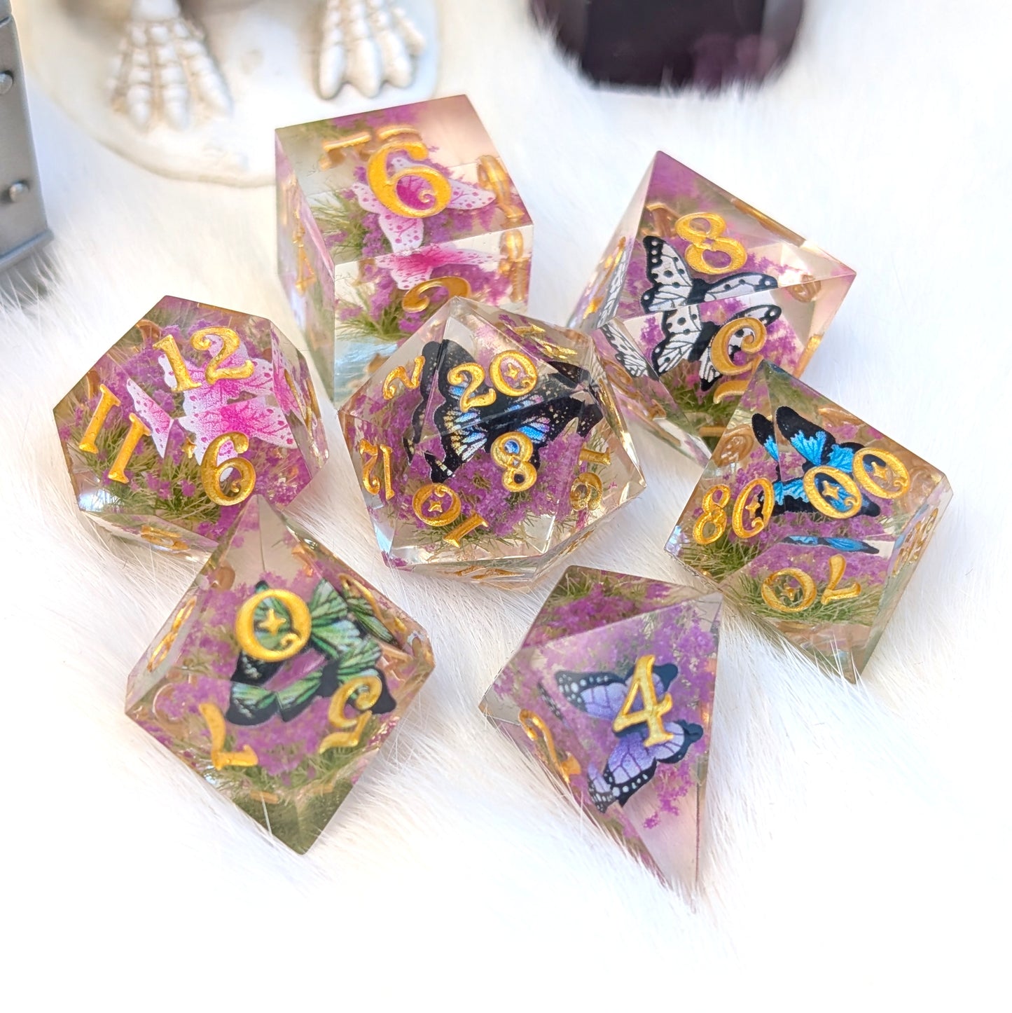 Butterfly Fields Dice Set, Botanical Sharp Edge Resin DnD Dice
