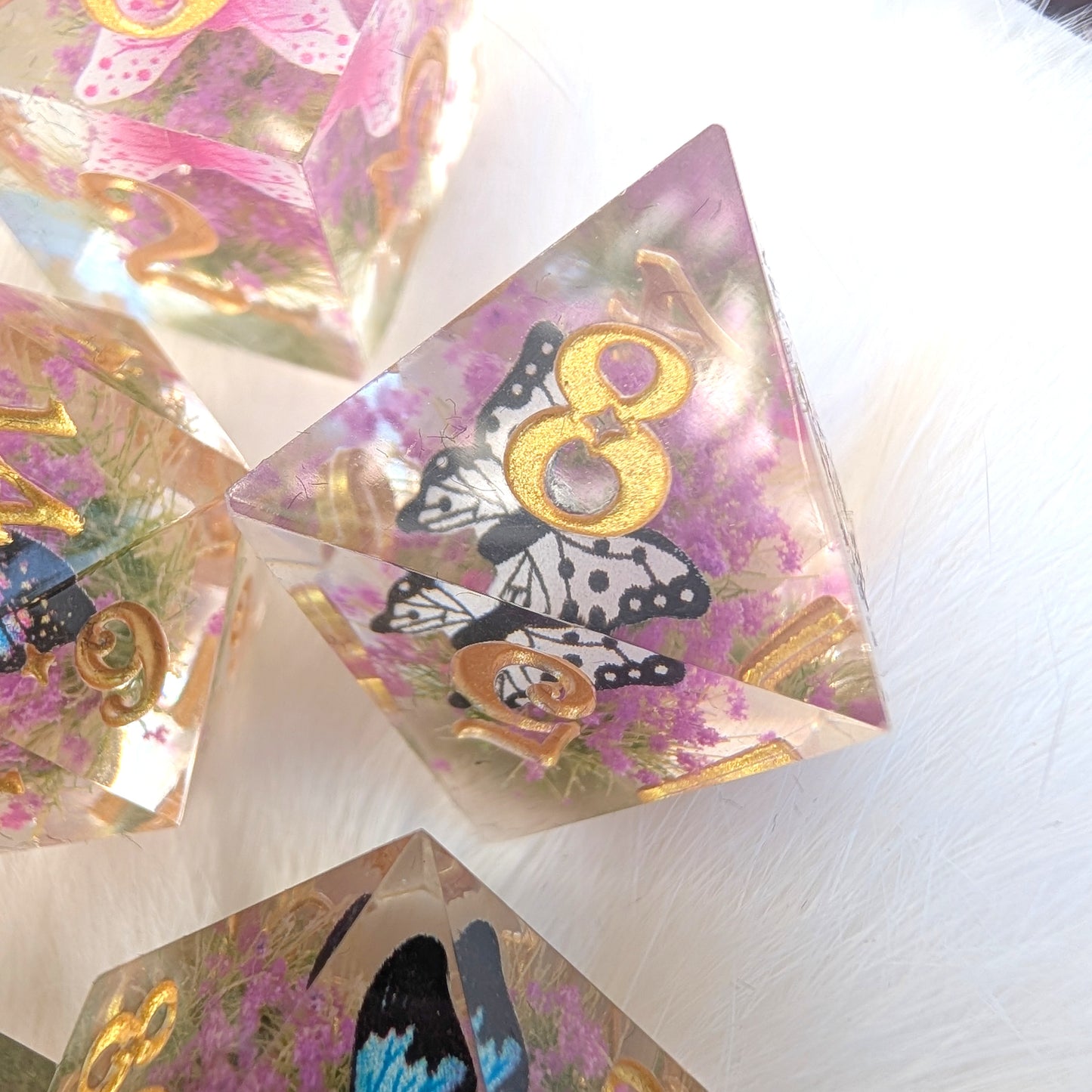 Butterfly Fields Dice Set, Botanical Sharp Edge Resin DnD Dice