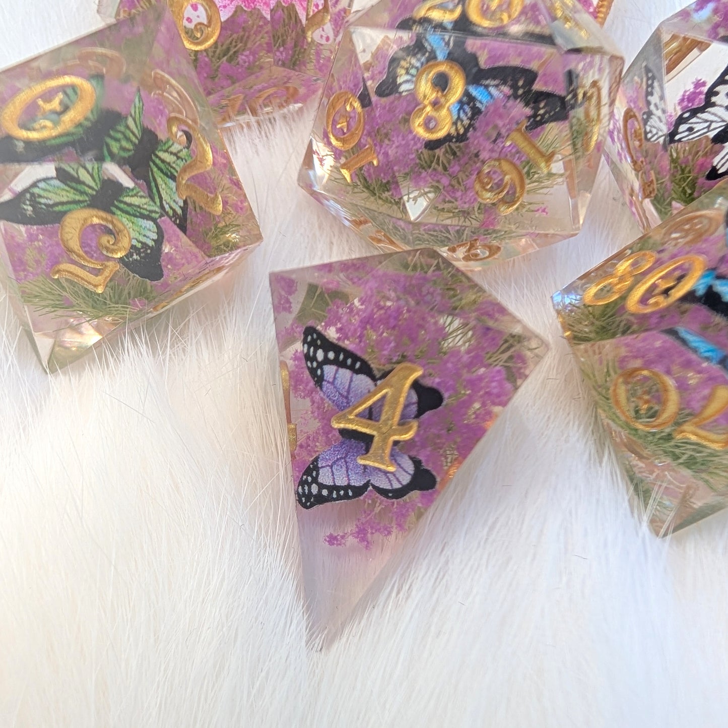 Butterfly Fields Dice Set, Botanical Sharp Edge Resin DnD Dice