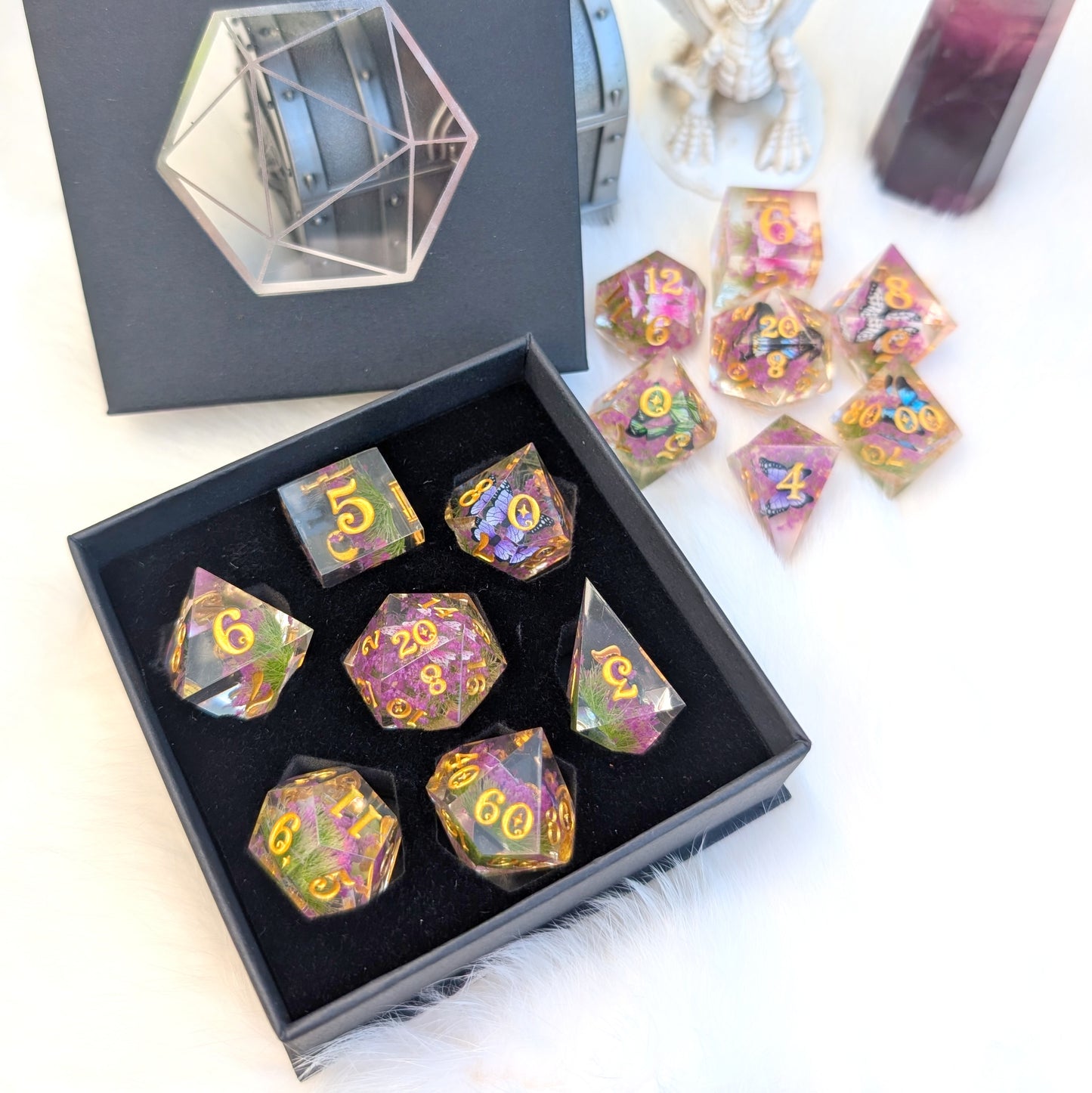 Butterfly Fields Dice Set, Botanical Sharp Edge Resin DnD Dice