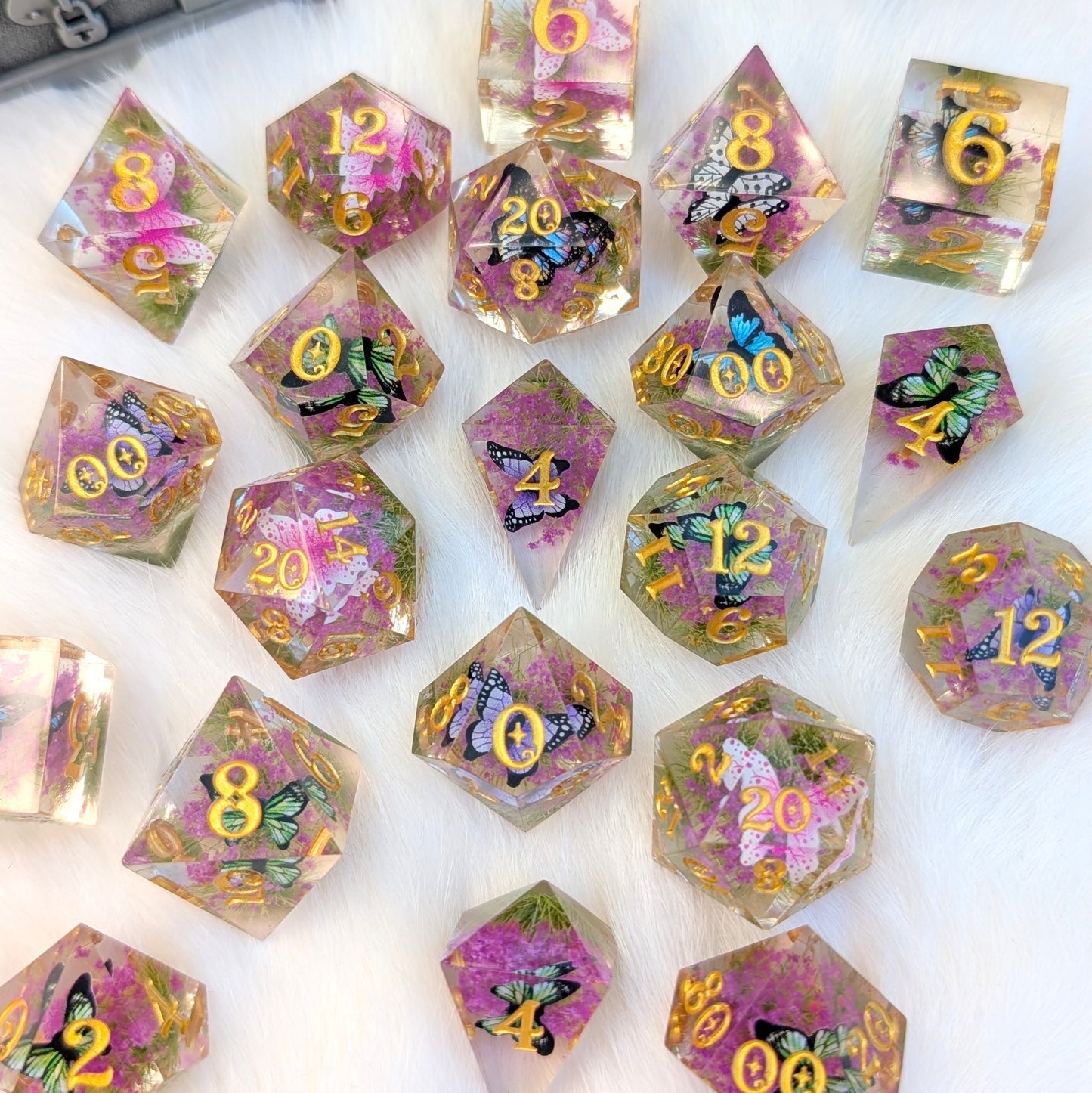 Butterfly Fields Dice Set, Botanical Sharp Edge Resin DnD Dice