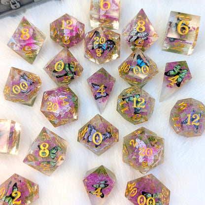 Butterfly Fields Dice Set, Botanical Sharp Edge Resin DnD Dice