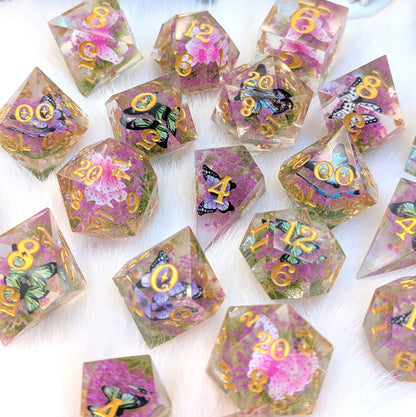Butterfly Fields Dice Set, Botanical Sharp Edge Resin DnD Dice