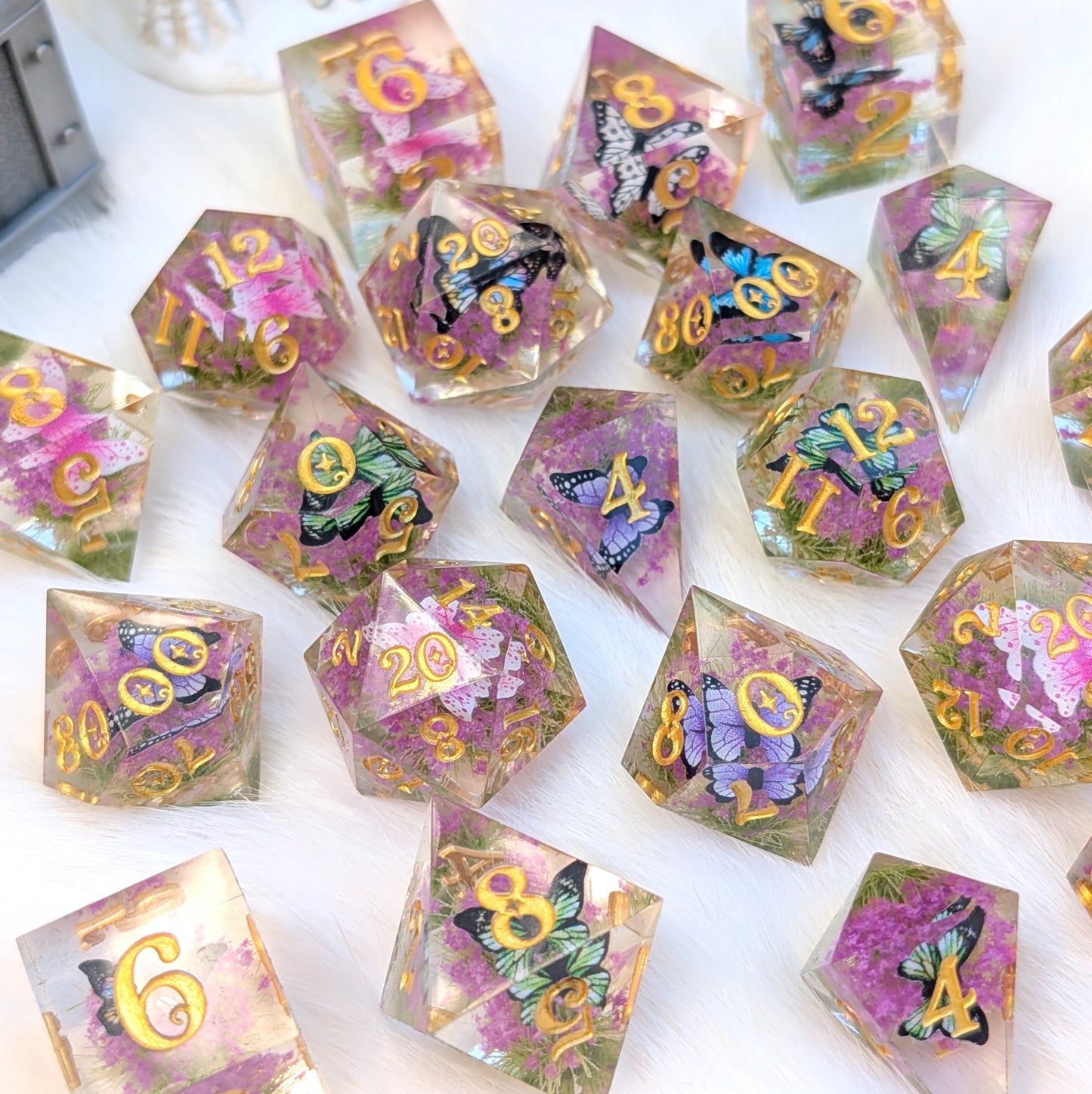 Butterfly Fields Dice Set, Botanical Sharp Edge Resin DnD Dice