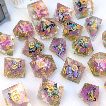 Butterfly Fields Dice Set, Botanical Sharp Edge Resin DnD Dice