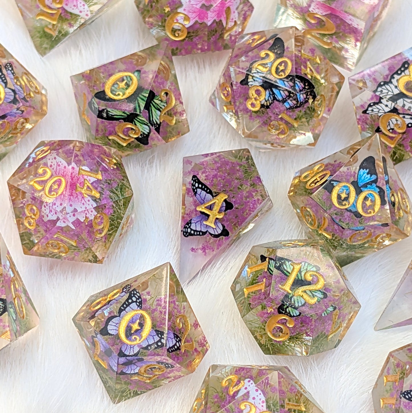 Butterfly Fields Dice Set, Botanical Sharp Edge Resin DnD Dice
