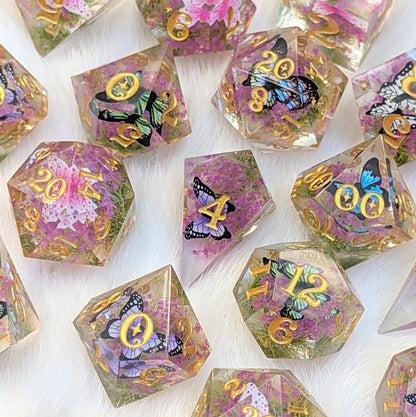 Butterfly Fields Dice Set, Botanical Sharp Edge Resin DnD Dice