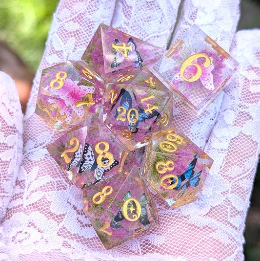 Butterfly Fields Dice Set, Botanical Sharp Edge Resin DnD Dice