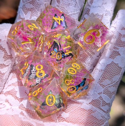 Butterfly Fields Dice Set, Botanical Sharp Edge Resin DnD Dice