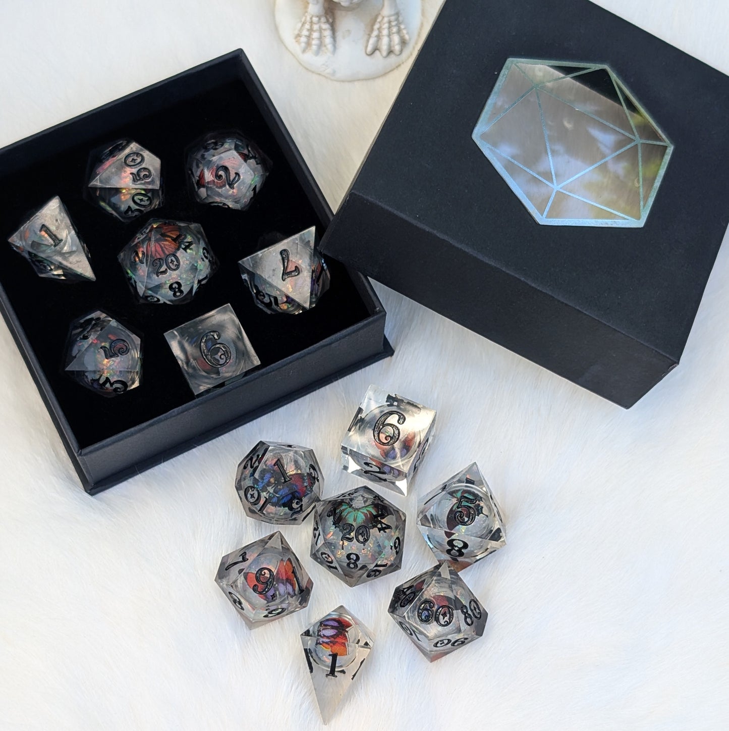 Prismatic Butterfly Orb Dice Set, Liquid Core Sharp Edge Resin DnD Dice
