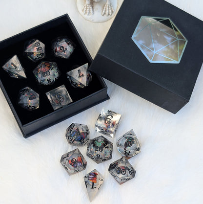 Prismatic Butterfly Orb Dice Set, Liquid Core Sharp Edge Resin DnD Dice
