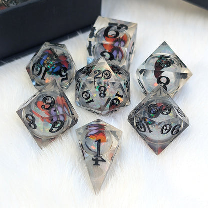 Prismatic Butterfly Orb Dice Set, Liquid Core Sharp Edge Resin DnD Dice