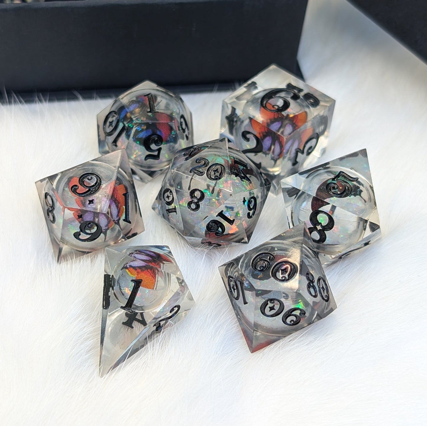 Prismatic Butterfly Orb Dice Set, Liquid Core Sharp Edge Resin DnD Dice