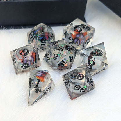 Prismatic Butterfly Orb Dice Set, Liquid Core Sharp Edge Resin DnD Dice