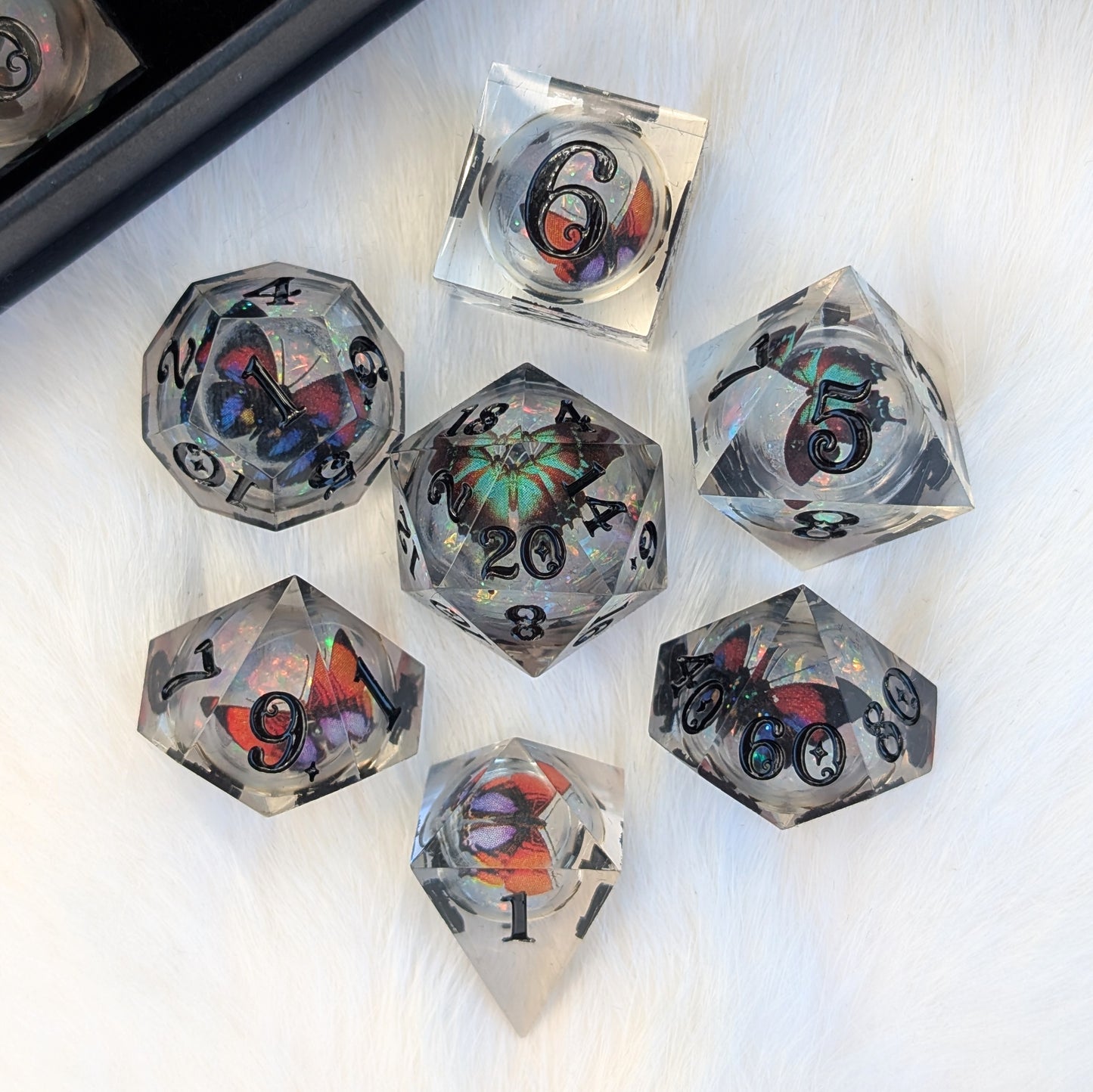 Prismatic Butterfly Orb Dice Set, Liquid Core Sharp Edge Resin DnD Dice