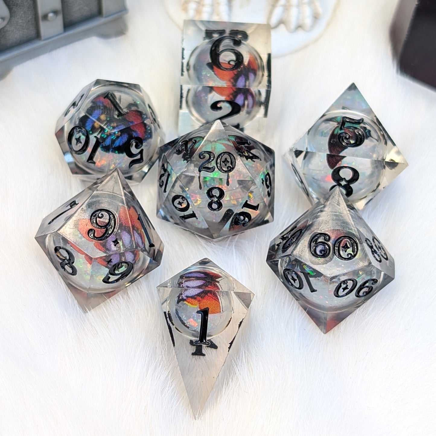 Prismatic Butterfly Orb Dice Set, Liquid Core Sharp Edge Resin DnD Dice