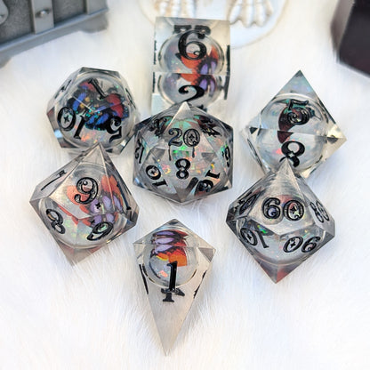 Prismatic Butterfly Orb Dice Set, Liquid Core Sharp Edge Resin DnD Dice