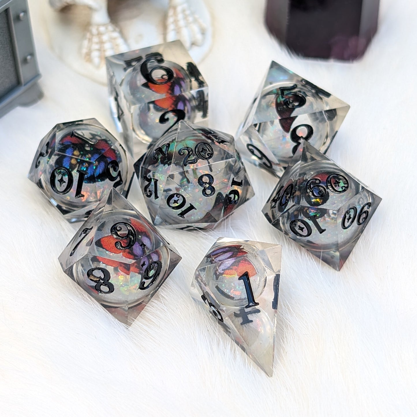 Prismatic Butterfly Orb Dice Set, Liquid Core Sharp Edge Resin DnD Dice