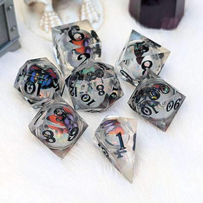Prismatic Butterfly Orb Dice Set, Liquid Core Sharp Edge Resin DnD Dice