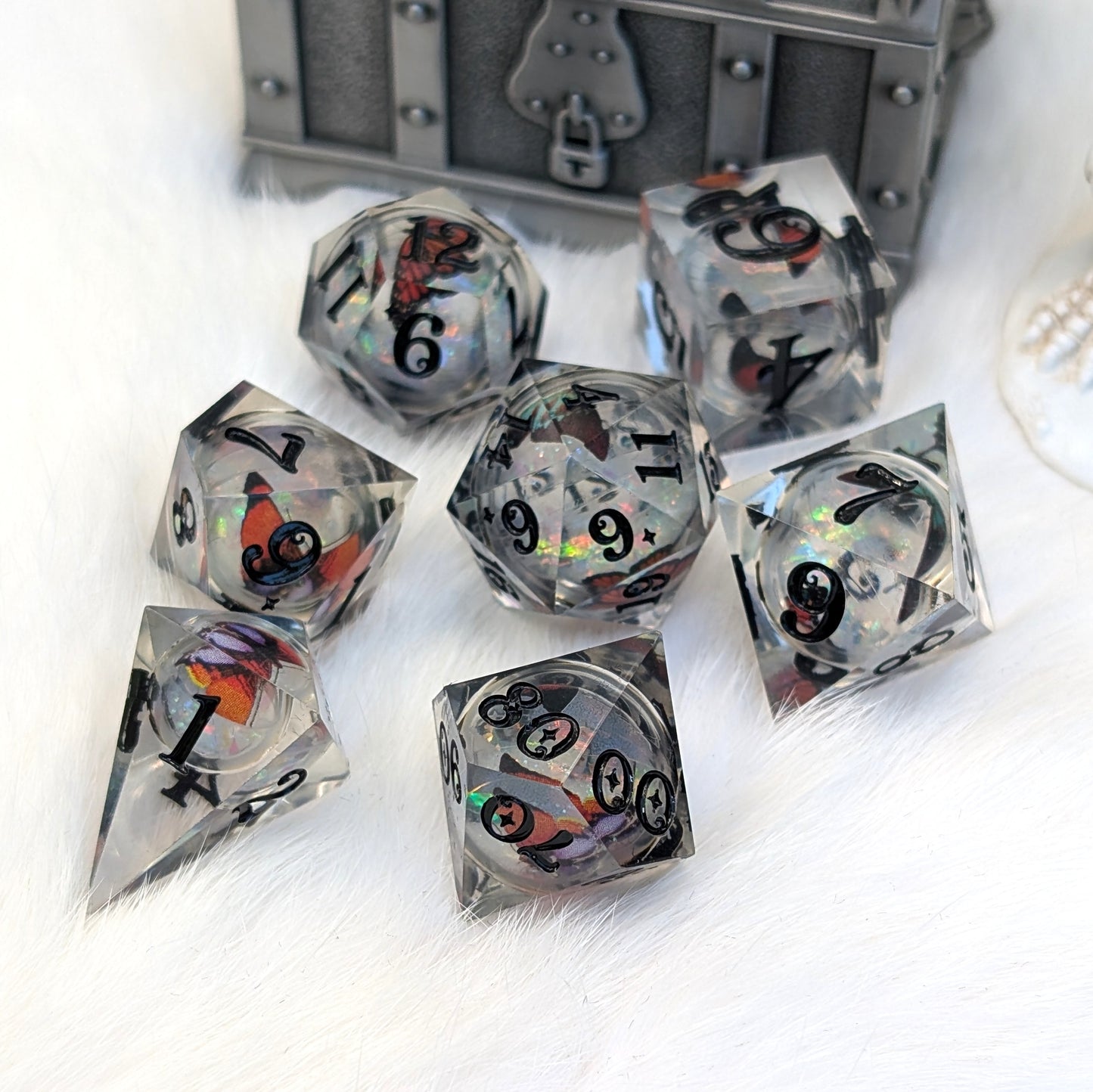Prismatic Butterfly Orb Dice Set, Liquid Core Sharp Edge Resin DnD Dice