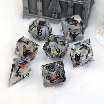 Prismatic Butterfly Orb Dice Set, Liquid Core Sharp Edge Resin DnD Dice