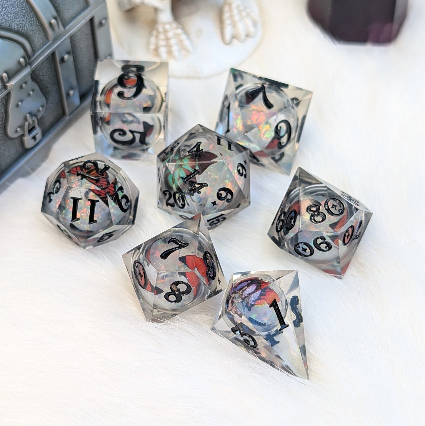 Prismatic Butterfly Orb Dice Set, Liquid Core Sharp Edge Resin DnD Dice