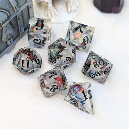 Prismatic Butterfly Orb Dice Set, Liquid Core Sharp Edge Resin DnD Dice