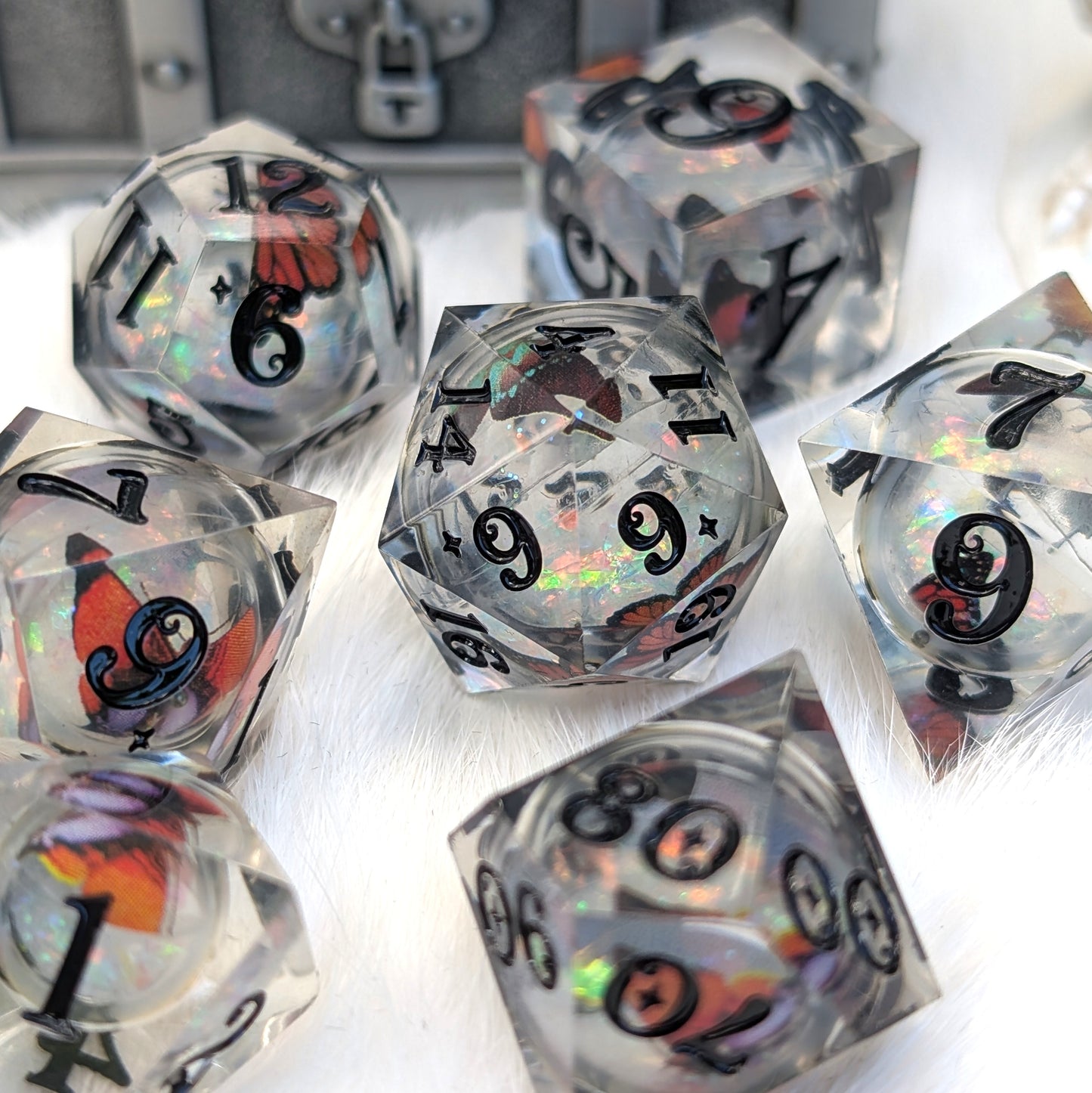 Prismatic Butterfly Orb Dice Set, Liquid Core Sharp Edge Resin DnD Dice