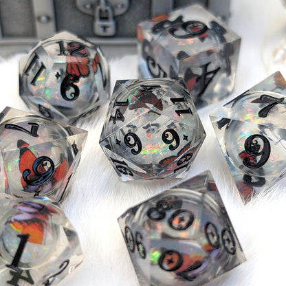 Prismatic Butterfly Orb Dice Set, Liquid Core Sharp Edge Resin DnD Dice