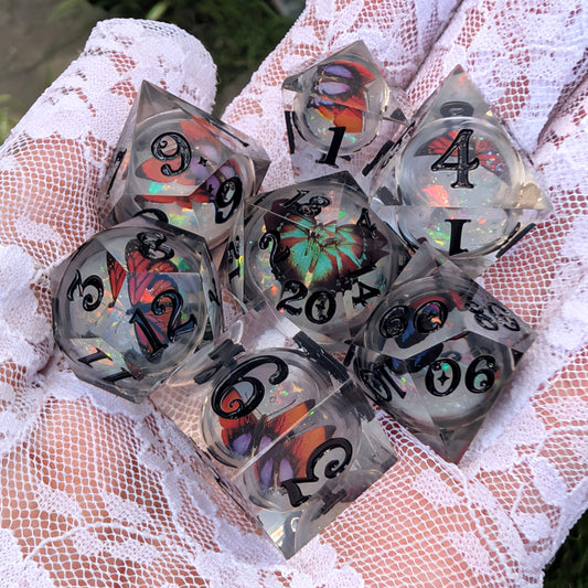 Prismatic Butterfly Orb Dice Set, Liquid Core Sharp Edge Resin DnD Dice