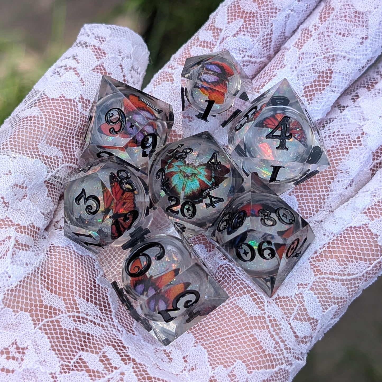 Prismatic Butterfly Orb Dice Set, Liquid Core Sharp Edge Resin DnD Dice