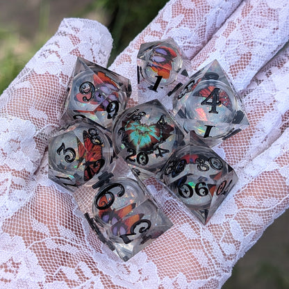 Prismatic Butterfly Orb Dice Set, Liquid Core Sharp Edge Resin DnD Dice