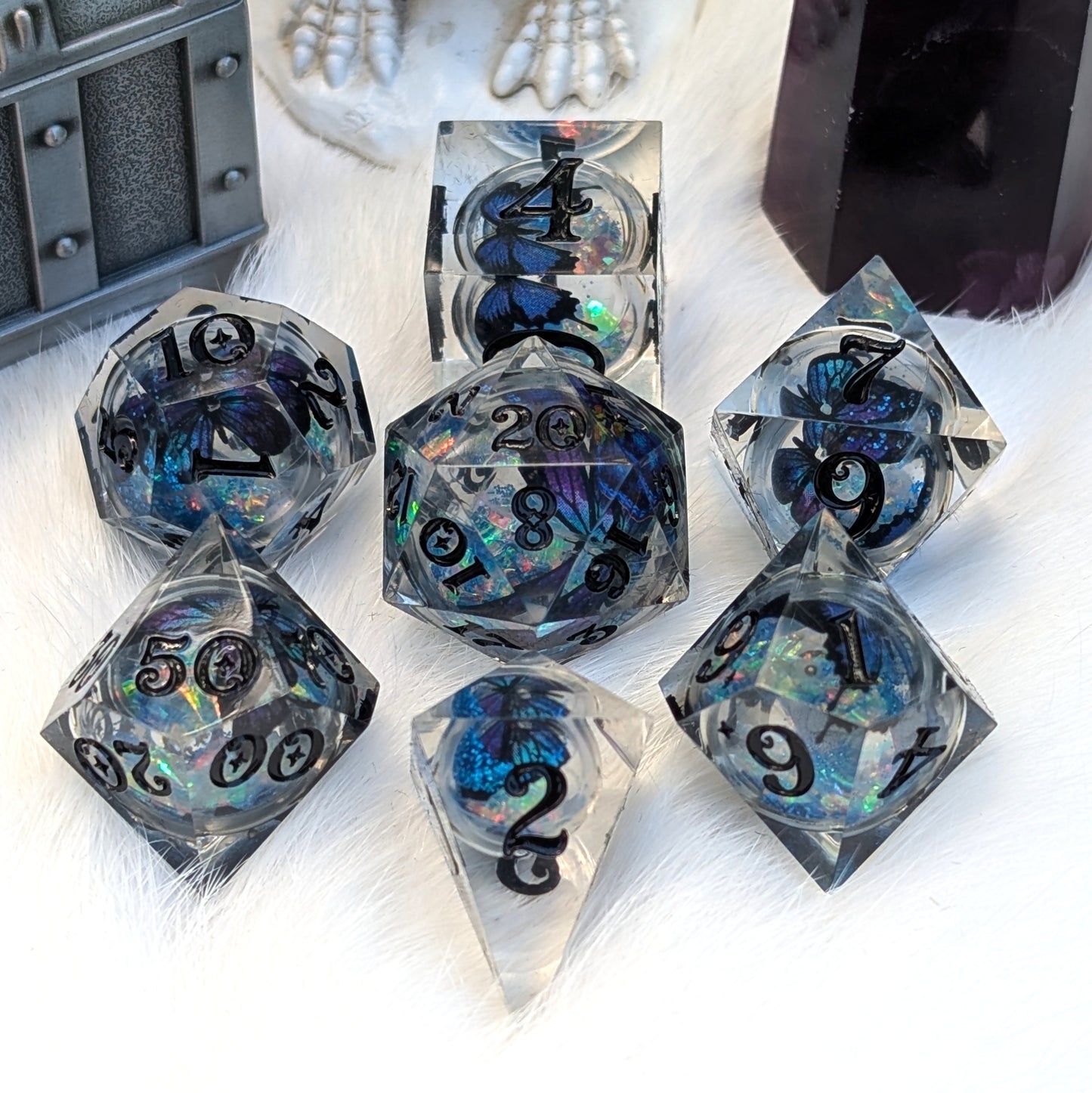 Butterfly Orb Dice Set, Liquid Core Sharp Edge Resin DnD Dice