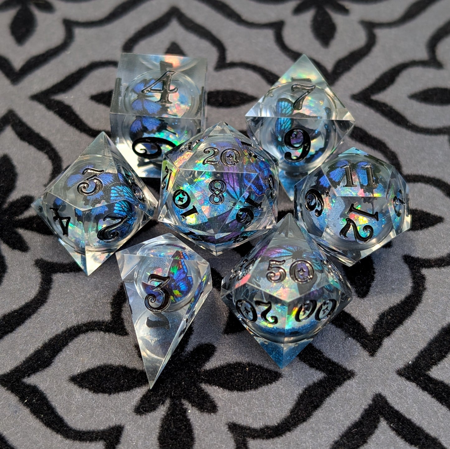 Butterfly Orb Dice Set, Liquid Core Sharp Edge Resin DnD Dice