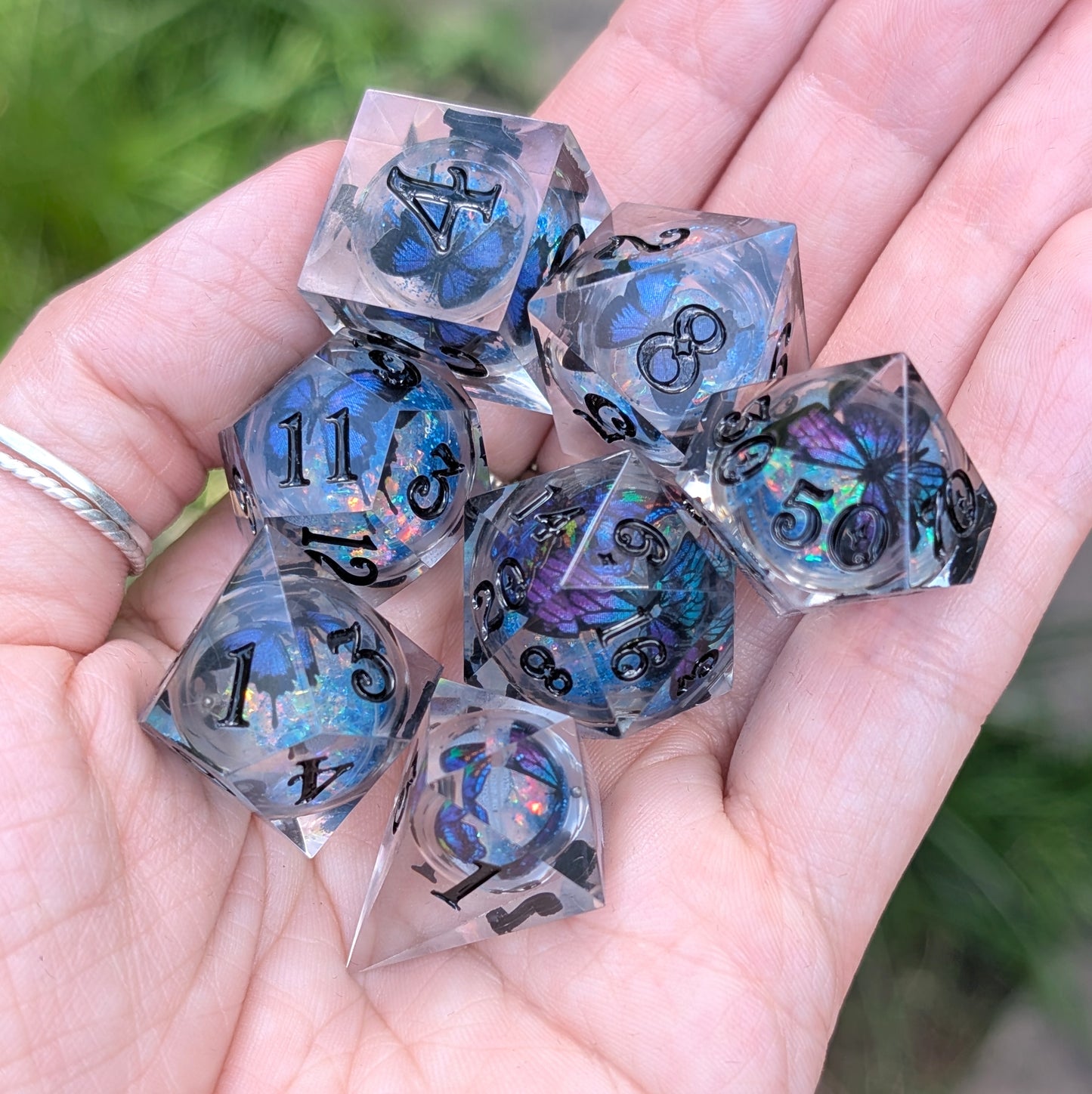 Butterfly Orb Dice Set, Liquid Core Sharp Edge Resin DnD Dice