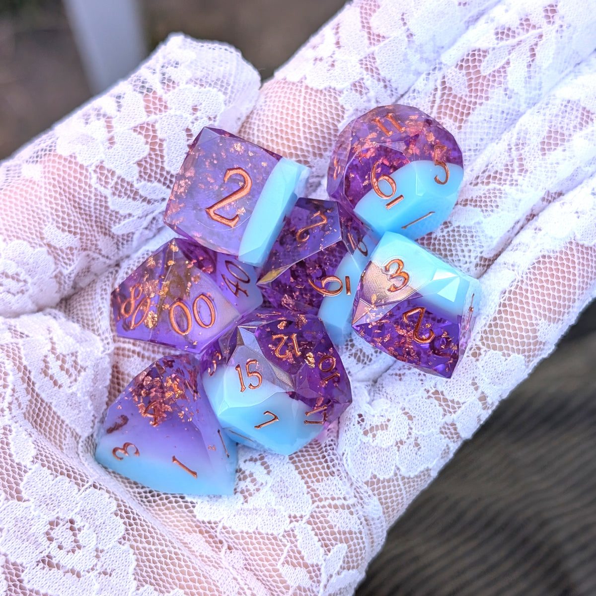 Diamond Cut DnD Dice Set - Blue & Purple Resin - Phantom Glass
