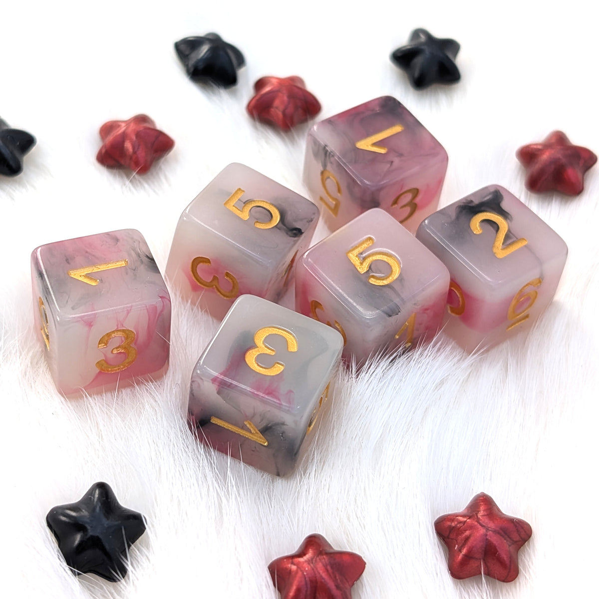 6 Piece D6 Dice Set - White Resin with Red & Black Ink - Potion No. 13
