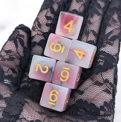 6 Piece D6 Dice Set - White Resin with Red & Black Ink - Potion No. 13