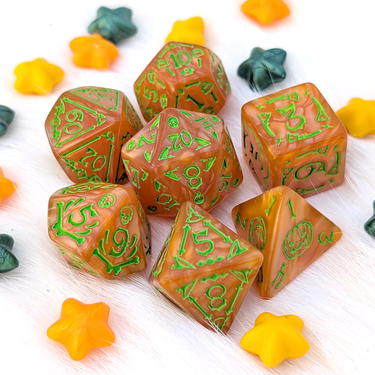 Halloween DnD Dice Set - Orange Acrylic with Spooky Icons - Pumpkin Parade