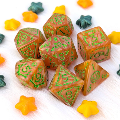 Halloween DnD Dice Set - Orange Acrylic with Spooky Icons - Pumpkin Parade