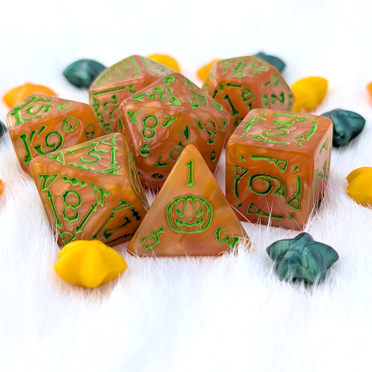Halloween DnD Dice Set - Orange Acrylic with Spooky Icons - Pumpkin Parade