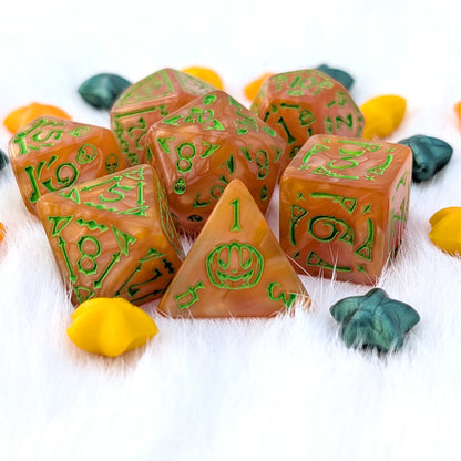 Halloween DnD Dice Set - Orange Acrylic with Spooky Icons - Pumpkin Parade
