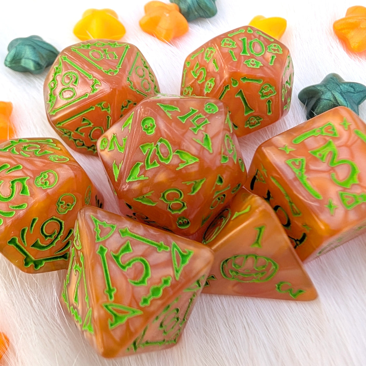 Halloween DnD Dice Set - Orange Acrylic with Spooky Icons - Pumpkin Parade