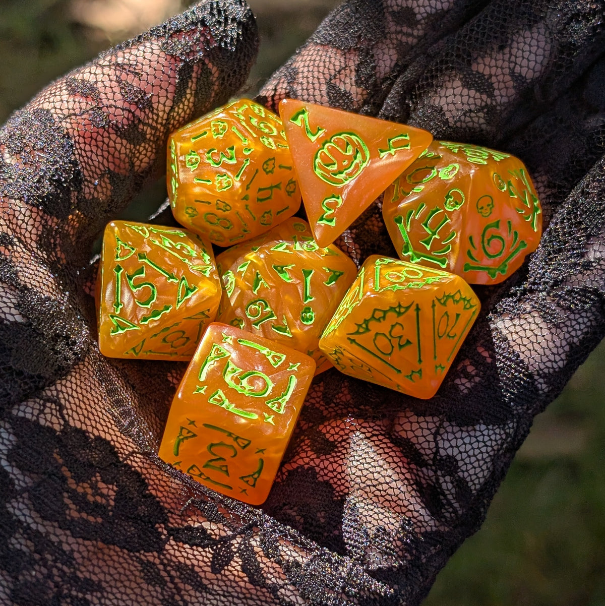 Halloween DnD Dice Set - Orange Acrylic with Spooky Icons - Pumpkin Parade