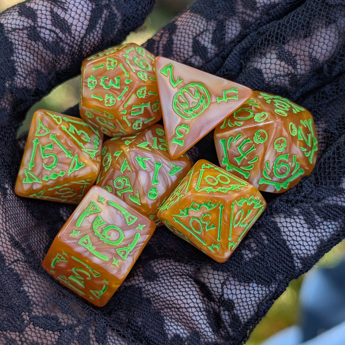 Halloween DnD Dice Set - Orange Acrylic with Spooky Icons - Pumpkin Parade