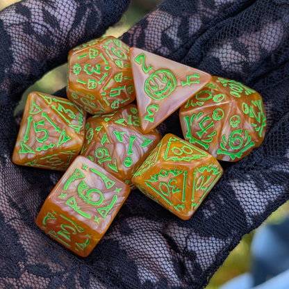 Halloween DnD Dice Set - Orange Acrylic with Spooky Icons - Pumpkin Parade