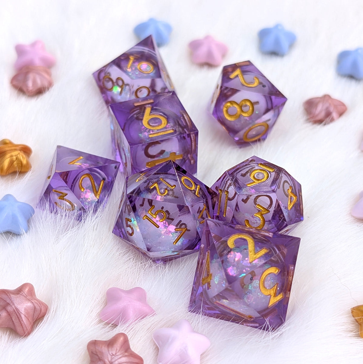 Purple Liquid Core Sharp Edge DnD Dice Set