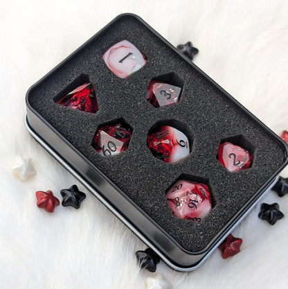 Red Diamond Cut DnD Dice Set - White Cloud & Silver Foil - Scarlet Specter