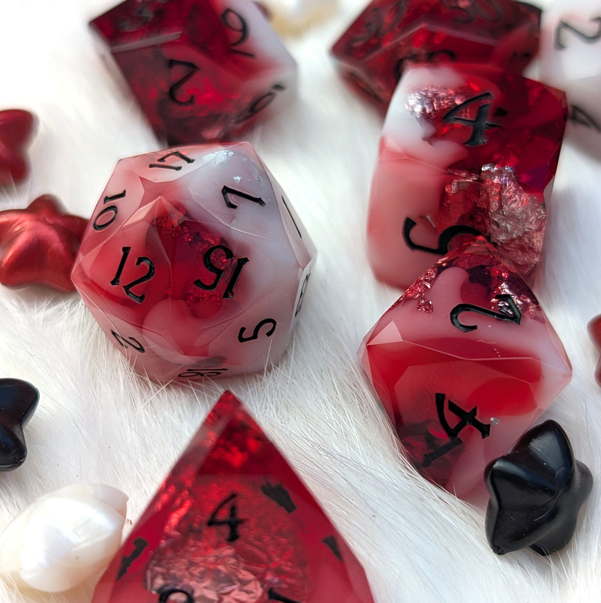 Red Diamond Cut DnD Dice Set - White Cloud & Silver Foil - Scarlet Specter